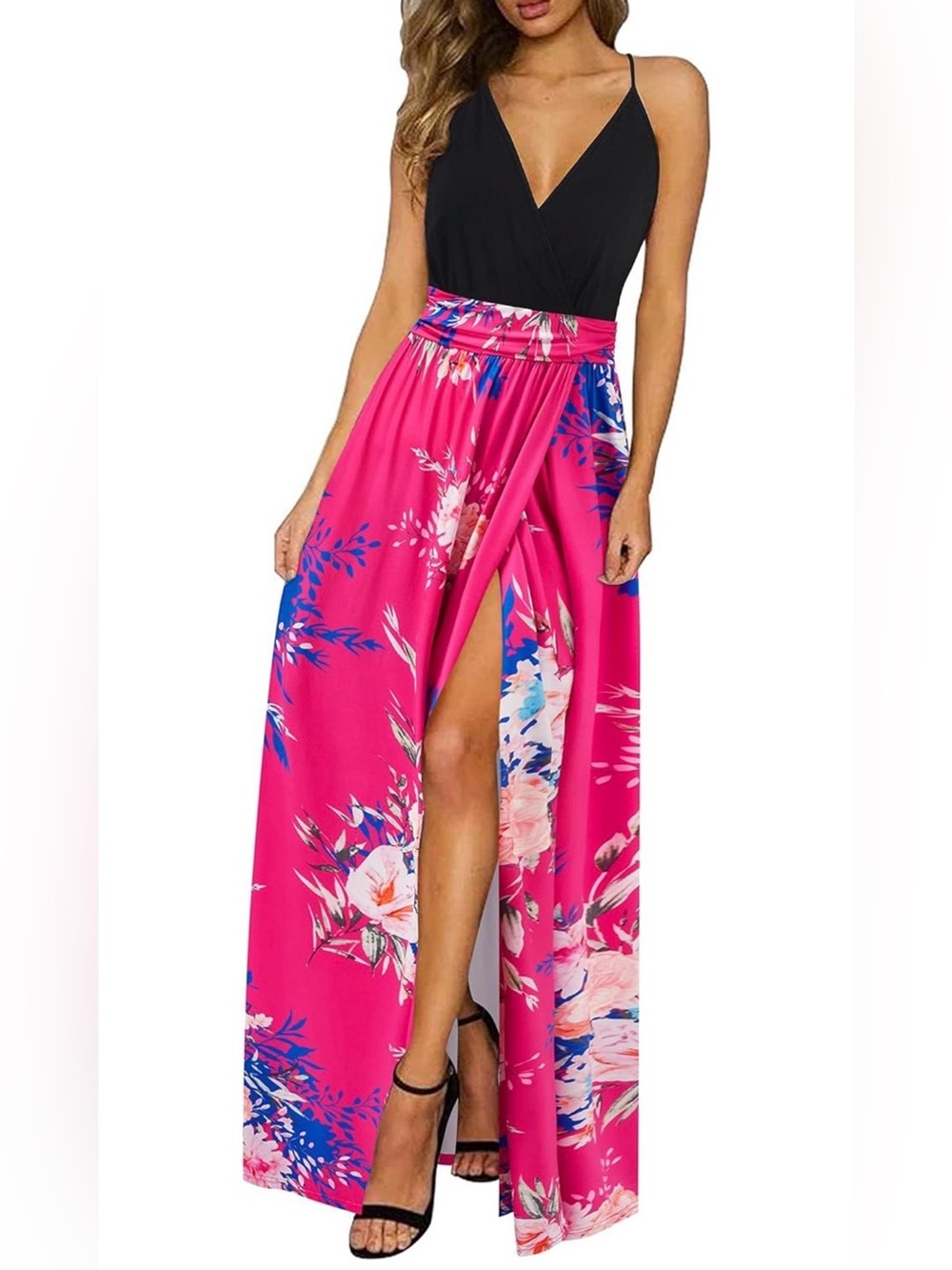 Newshows Pink Floral High Slit Maxi Dress Medium